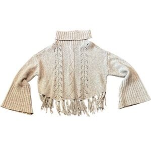 Venus Turtleneck Sweater Women M Marled Pink & Gray Fringe Hem Short Soft Cozy
